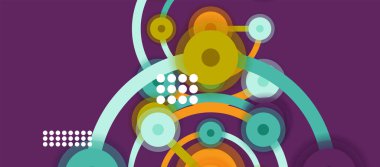 Düz stil geometrik soyut arkaplan, yuvarlak noktalar veya renk arkaplan üzerindeki daire bağlantıları. Teknoloji ağı kavramı.