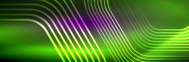 Parlak neon çizgiler, çizgiler ve dalgalar, soyut teknoloji arka planı. İş veya teknoloji sunumu, İnternet posteri veya web broşürü kapağı, duvar kağıdı için modaya uygun soyut düzen şablonu