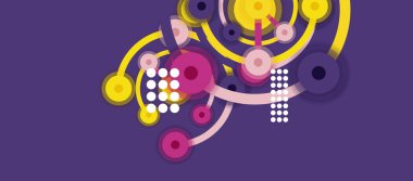 Düz stil geometrik soyut arkaplan, yuvarlak noktalar veya renk arkaplan üzerindeki daire bağlantıları. Teknoloji ağı kavramı.