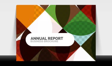 Yatay A4 iş ilanı yıllık rapor şablonu, daireler ve üçgen tarzı broşür, dergi veya kitapçık için modern geometrik tasarımı şekillendirir.