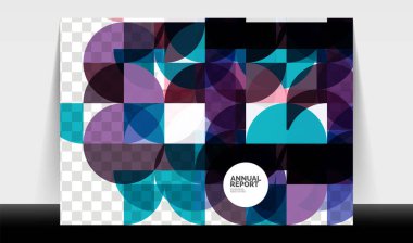 Yatay A4 iş ilanı yıllık rapor şablonu, daireler ve üçgen tarzı broşür, dergi veya kitapçık için modern geometrik tasarımı şekillendirir.