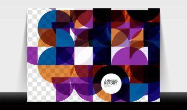 Yatay A4 iş ilanı yıllık rapor şablonu, daireler ve üçgen tarzı broşür, dergi veya kitapçık için modern geometrik tasarımı şekillendirir.