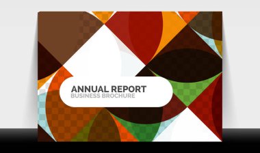 Yatay A4 iş ilanı yıllık rapor şablonu, daireler ve üçgen tarzı broşür, dergi veya kitapçık için modern geometrik tasarımı şekillendirir.