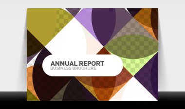 Yatay A4 iş ilanı yıllık rapor şablonu, daireler ve üçgen tarzı broşür, dergi veya kitapçık için modern geometrik tasarımı şekillendirir.