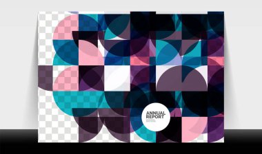 Yatay A4 iş ilanı yıllık rapor şablonu, daireler ve üçgen tarzı broşür, dergi veya kitapçık için modern geometrik tasarımı şekillendirir.