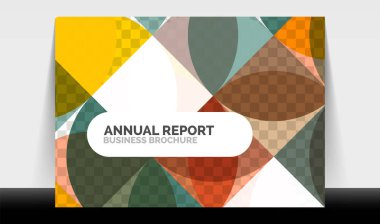 Yatay A4 iş ilanı yıllık rapor şablonu, daireler ve üçgen tarzı broşür, dergi veya kitapçık için modern geometrik tasarımı şekillendirir.