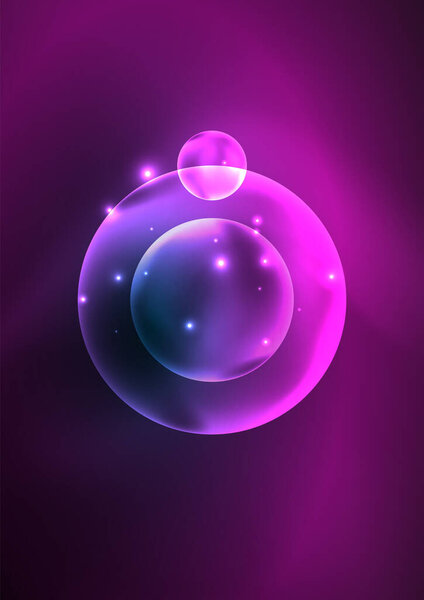 Glowing neon shiny transparent bubbles, glass circles or bio cell concept. Techno futuristic vector abstract background For Wallpaper, Banner, Background, Card, Book Illustration, landing page