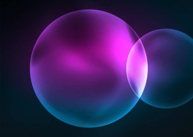 Parlayan neon parlak şeffaf kabarcıklar, cam daireler ya da biyo hücre konsepti. Duvar kağıdı, bayrak, arkaplan, kart, kitap illüstrasyonu, iniş sayfası için tekno fütüristik vektör soyut arkaplan