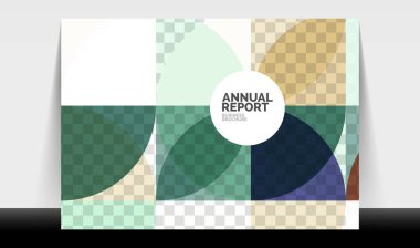Yatay A4 iş ilanı yıllık rapor şablonu, daireler ve üçgen tarzı broşür, dergi veya kitapçık için modern geometrik tasarımı şekillendirir.
