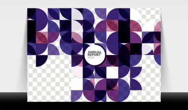 Yatay A4 iş ilanı yıllık rapor şablonu, daireler ve üçgen tarzı broşür, dergi veya kitapçık için modern geometrik tasarımı şekillendirir.