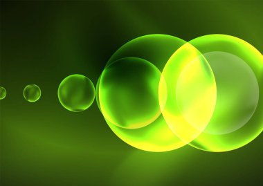 Parlayan neon parlak şeffaf kabarcıklar, cam daireler ya da biyo hücre konsepti. Duvar kağıdı, bayrak, arkaplan, kart, kitap illüstrasyonu, iniş sayfası için tekno fütüristik vektör soyut arkaplan