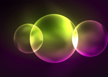 Parlayan neon parlak şeffaf kabarcıklar, cam daireler ya da biyo hücre konsepti. Duvar kağıdı, bayrak, arkaplan, kart, kitap illüstrasyonu, iniş sayfası için tekno fütüristik vektör soyut arkaplan