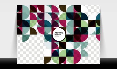 Yatay A4 iş ilanı yıllık rapor şablonu, daireler ve üçgen tarzı broşür, dergi veya kitapçık için modern geometrik tasarımı şekillendirir.