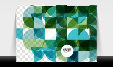 Yatay A4 iş ilanı yıllık rapor şablonu, daireler ve üçgen tarzı broşür, dergi veya kitapçık için modern geometrik tasarımı şekillendirir.