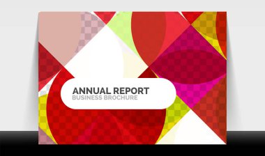 Yatay A4 iş ilanı yıllık rapor şablonu, daireler ve üçgen tarzı broşür, dergi veya kitapçık için modern geometrik tasarımı şekillendirir.
