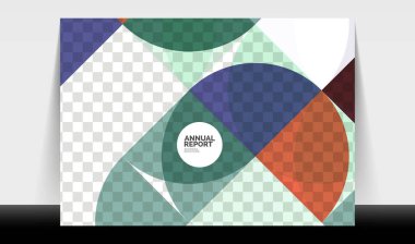 Yatay A4 iş ilanı yıllık rapor şablonu, daireler ve üçgen tarzı broşür, dergi veya kitapçık için modern geometrik tasarımı şekillendirir.