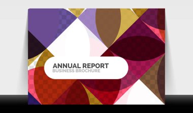 Yatay A4 iş ilanı yıllık rapor şablonu, daireler ve üçgen tarzı broşür, dergi veya kitapçık için modern geometrik tasarımı şekillendirir.
