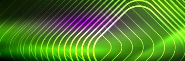 Parlak neon çizgiler, çizgiler ve dalgalar, soyut teknoloji arka planı. İş veya teknoloji sunumu, İnternet posteri veya web broşürü kapağı, duvar kağıdı için modaya uygun soyut düzen şablonu