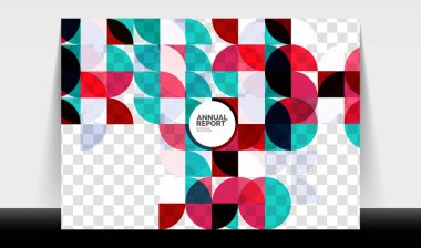 Yatay A4 iş ilanı yıllık rapor şablonu, daireler ve üçgen tarzı broşür, dergi veya kitapçık için modern geometrik tasarımı şekillendirir.