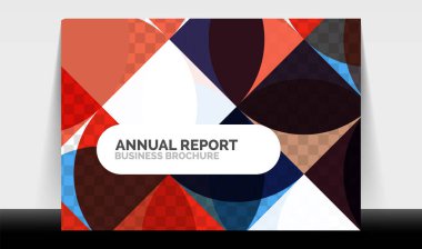 Yatay A4 iş ilanı yıllık rapor şablonu, daireler ve üçgen tarzı broşür, dergi veya kitapçık için modern geometrik tasarımı şekillendirir.