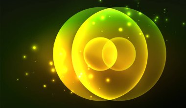 Parlayan neon parlak şeffaf soyut geometrik şekiller ve ışık efektleri. Duvar kağıdı, bayrak, arkaplan, kart, kitap illüstrasyonu, iniş sayfası için tekno fütüristik vektör soyut arkaplan