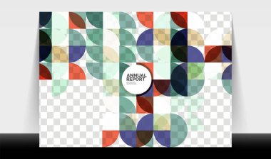 Yatay A4 iş ilanı yıllık rapor şablonu, daireler ve üçgen tarzı broşür, dergi veya kitapçık için modern geometrik tasarımı şekillendirir.