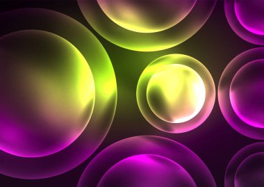 Parlayan neon parlak şeffaf kabarcıklar, cam daireler ya da biyo hücre konsepti. Duvar kağıdı, bayrak, arkaplan, kart, kitap illüstrasyonu, iniş sayfası için tekno fütüristik vektör soyut arkaplan