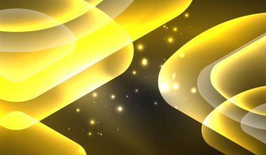 Parlayan neon parlak şeffaf soyut geometrik şekiller ve ışık efektleri. Duvar kağıdı, bayrak, arkaplan, kart, kitap illüstrasyonu, iniş sayfası için tekno fütüristik vektör soyut arkaplan