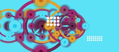 Düz stil geometrik soyut arkaplan, yuvarlak noktalar veya renk arkaplan üzerindeki daire bağlantıları. Teknoloji ağı kavramı.