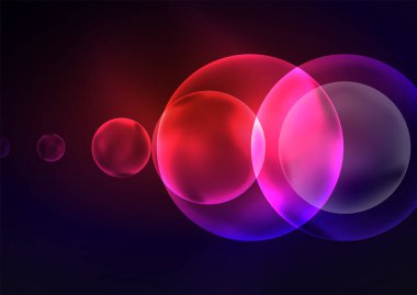 Parlayan neon parlak şeffaf kabarcıklar, cam daireler ya da biyo hücre konsepti. Duvar kağıdı, bayrak, arkaplan, kart, kitap illüstrasyonu, iniş sayfası için tekno fütüristik vektör soyut arkaplan
