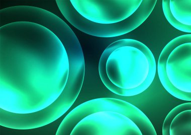 Parlayan neon parlak şeffaf kabarcıklar, cam daireler ya da biyo hücre konsepti. Duvar kağıdı, bayrak, arkaplan, kart, kitap illüstrasyonu, iniş sayfası için tekno fütüristik vektör soyut arkaplan