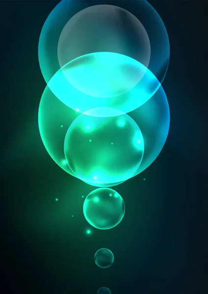 Leuchtende neonglänzende transparente Blasen, Glaskreise oder das Konzept der Biozellen. Techno futuristischer Vektor abstrakter Hintergrund für Wallpaper, Banner, Hintergrund, Karte, Buchillustration, Landing Page — Stockvektor