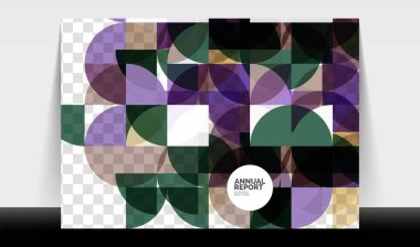 Yatay A4 iş ilanı yıllık rapor şablonu, daireler ve üçgen tarzı broşür, dergi veya kitapçık için modern geometrik tasarımı şekillendirir.