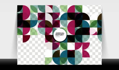Yatay A4 iş ilanı yıllık rapor şablonu, daireler ve üçgen tarzı broşür, dergi veya kitapçık için modern geometrik tasarımı şekillendirir.