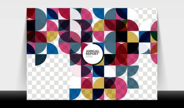 Yatay A4 iş ilanı yıllık rapor şablonu, daireler ve üçgen tarzı broşür, dergi veya kitapçık için modern geometrik tasarımı şekillendirir.