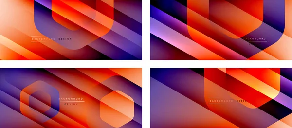 Набор геометрических фигур и градиентов жидкости с трехмерными теневыми и светлыми прямыми линиями, минимальными абстрактными фонами — стоковый вектор