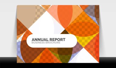 Yatay A4 iş ilanı yıllık rapor şablonu, daireler ve üçgen tarzı broşür, dergi veya kitapçık için modern geometrik tasarımı şekillendirir.