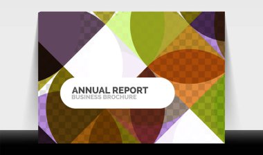Yatay A4 iş ilanı yıllık rapor şablonu, daireler ve üçgen tarzı broşür, dergi veya kitapçık için modern geometrik tasarımı şekillendirir.
