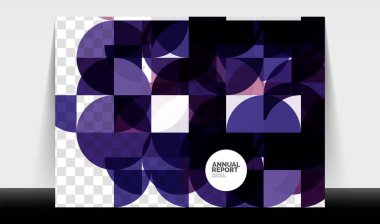 Yatay A4 iş ilanı yıllık rapor şablonu, daireler ve üçgen tarzı broşür, dergi veya kitapçık için modern geometrik tasarımı şekillendirir.