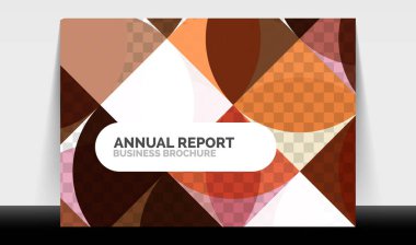 Yatay A4 iş ilanı yıllık rapor şablonu, daireler ve üçgen tarzı broşür, dergi veya kitapçık için modern geometrik tasarımı şekillendirir.