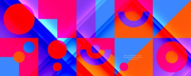 Neo memphis geometrik deseni daireler, kareler ve çizgilerle. Kapaklar, afişler, el ilanları ve posterler ve diğer şablonlar için pop sanatları soyut arka plan