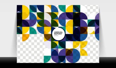 Yatay A4 iş ilanı yıllık rapor şablonu, daireler ve üçgen tarzı broşür, dergi veya kitapçık için modern geometrik tasarımı şekillendirir.