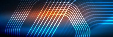 Parlak neon çizgiler, çizgiler ve dalgalar, soyut teknoloji arka planı. İş veya teknoloji sunumu, İnternet posteri veya web broşürü kapağı, duvar kağıdı için modaya uygun soyut düzen şablonu