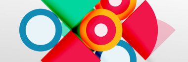 Parlak renkli daireler, soyut yuvarlak şekiller ve gölge efektli üçgenler. Vektör modern geometrik tasarım şablonu