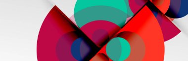 Parlak renkli daireler, soyut yuvarlak şekiller ve gölge efektli üçgenler. Vektör modern geometrik tasarım şablonu