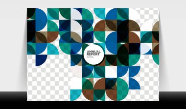 Yatay A4 iş ilanı yıllık rapor şablonu, daireler ve üçgen tarzı broşür, dergi veya kitapçık için modern geometrik tasarımı şekillendirir.