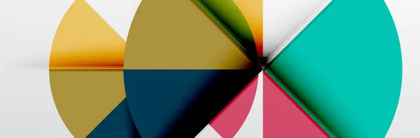 Círculos de color brillantes, formas redondas abstractas y composición de triángulos con efectos de sombra. Vector plantilla de diseño geométrico moderno — Vector de stock