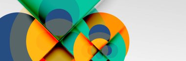 Parlak renkli daireler, soyut yuvarlak şekiller ve gölge efektli üçgenler. Vektör modern geometrik tasarım şablonu