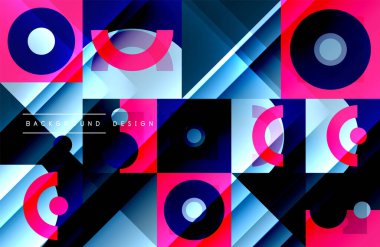 Neo memphis geometrik deseni daireler, kareler ve çizgilerle. Kapaklar, afişler, el ilanları ve posterler ve diğer şablonlar için pop sanatları soyut arka plan