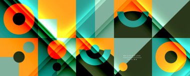 Neo memphis geometrik deseni daireler, kareler ve çizgilerle. Kapaklar, afişler, el ilanları ve posterler ve diğer şablonlar için pop sanatları soyut arka plan